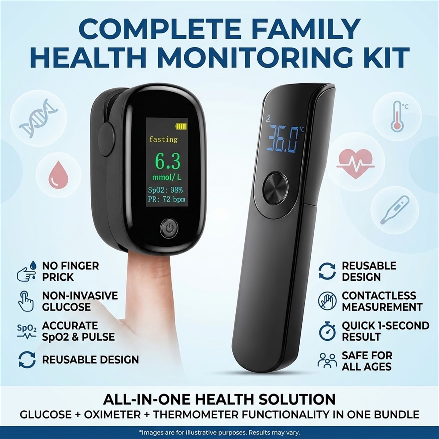 Pulse Oximeter - 3가지 기능을 갖춘 건강 관리 키트: